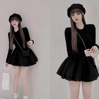 Đầm nữ áo tăm lạnh dài tay cổ tròn phối váy tapta xòe nhẹ phong cách huyền bí black