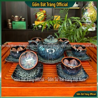  Bộ Ấm Chén Bát Tràng Cẩm Thạch Xanh Dáng Quả Hồng Ấm Chén Hỏa Biến Dáng Quả Hồng 