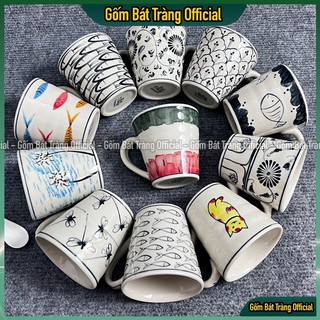 Ly sứ uống nước kèm thìa họa tiết đẹp, ly sứ uống trà bát tràng có tay cầm kèm thìa