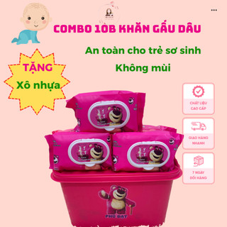 Combo 10 bịch khăn Gấu dâu kèm xô nhựa cao cấp