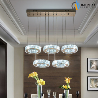 Đèn thả, đèn thả 5 vòng pha lê trang trí bàn ăn, bàn đảo 3 chế độ sáng phong cách hiện đại (BH 2năm)