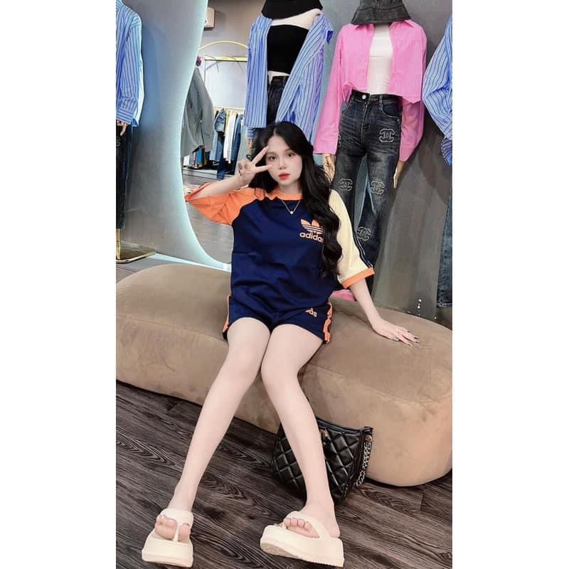 Bộ cotton adidas phối 2 màu dáng cộc tay cao cấp