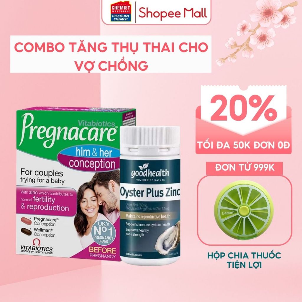 Tăng khả năng thụ thai cho vợ và chồng Menevit + Hàu Oyster Plus + bổ trứng Vitabiotics Pregnacare Him and Her 60 viên