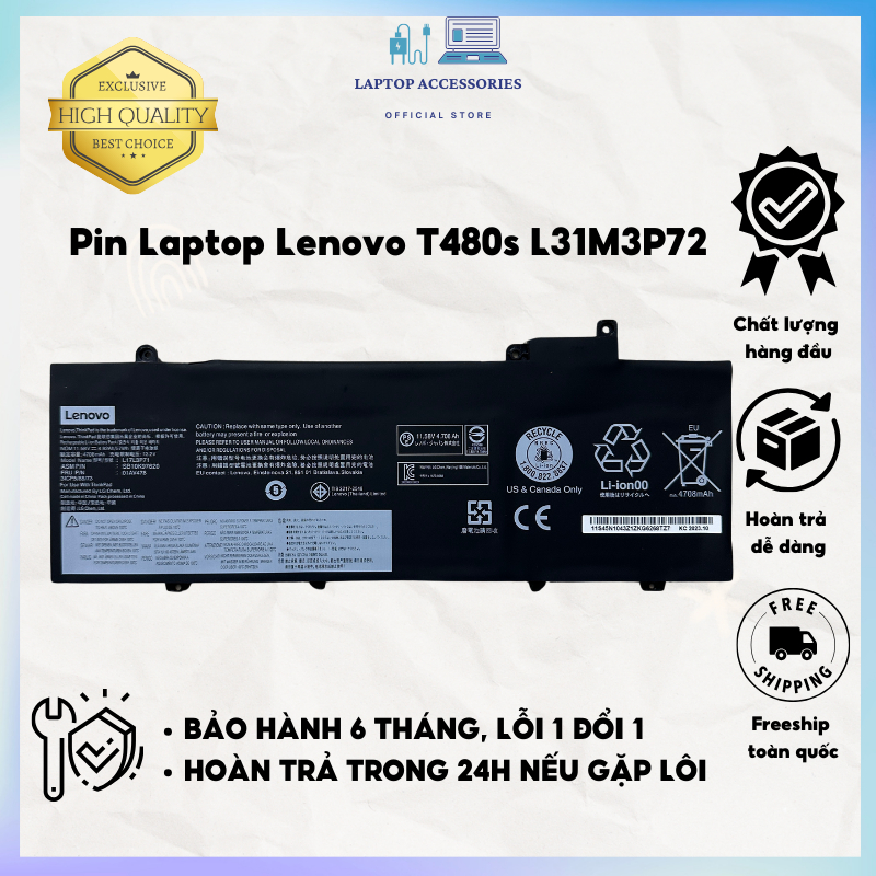 PIN LENOVO T480S L13M3P72 (ZIN) 3 CELL TƯƠNG THÍCH:Thinkpad T480S, L17M3P71 L17M3P72 L17L3P71 01AV478 01AV479 01AV480