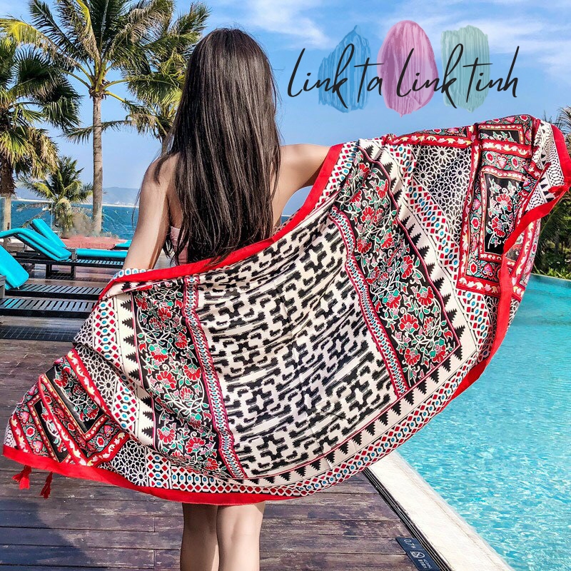 khăn choàng đi biển - khăn choàng đi nắng - khăn choàng đi xe Boho Vintage Đỏ