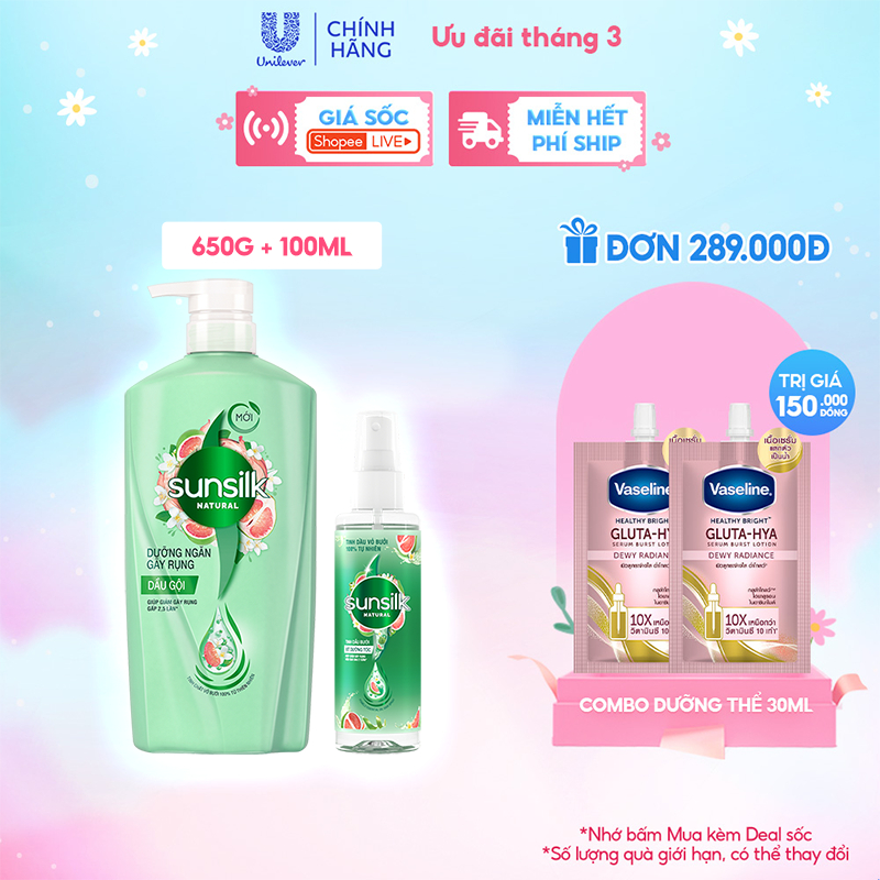 Combo Dầu gội và Xịt dưỡng tóc tinh chất bưởi Sunsilk Natural Dưỡng ngăn Gãy rụng 650g, 100ml