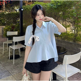  Áo sơ mi kiểu nữ dáng babydoll chất đũi lì vạt bầu ĐUÔI CÁ lạ mắt tone màu patesl xinh