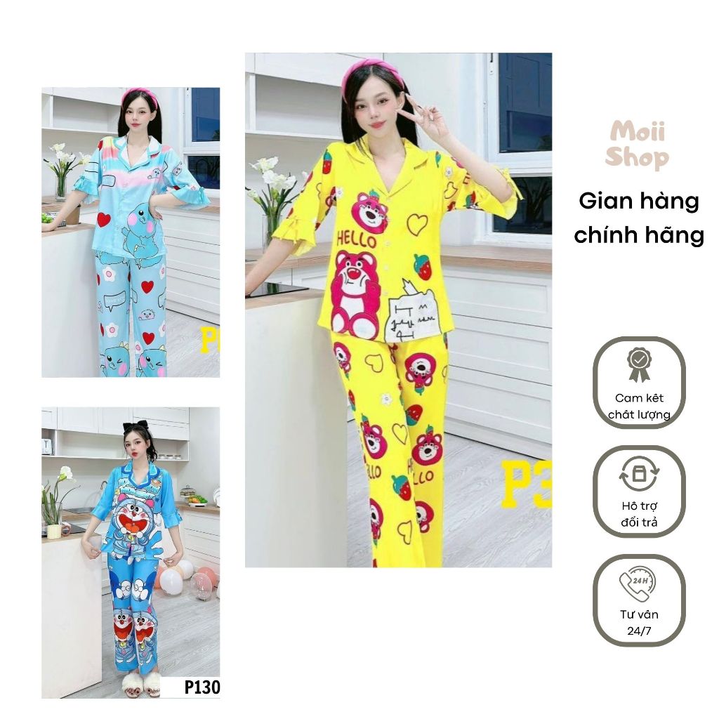 Bộ đồ ngủ Pijama cho nữ - Tay lửng quần dài - Set ngủ cao cấp - Họa tiết dễ thương - Chất liệu lụa xước siêu mát