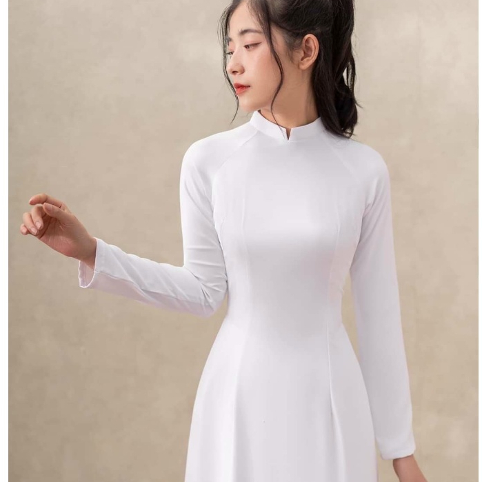 Áo dài truyền thống 2024 , áo dài trắng kỉ yếu 2 tà lụa mỹ loại 1 dày dặn không lộ cổ 2,5cm vuông MS