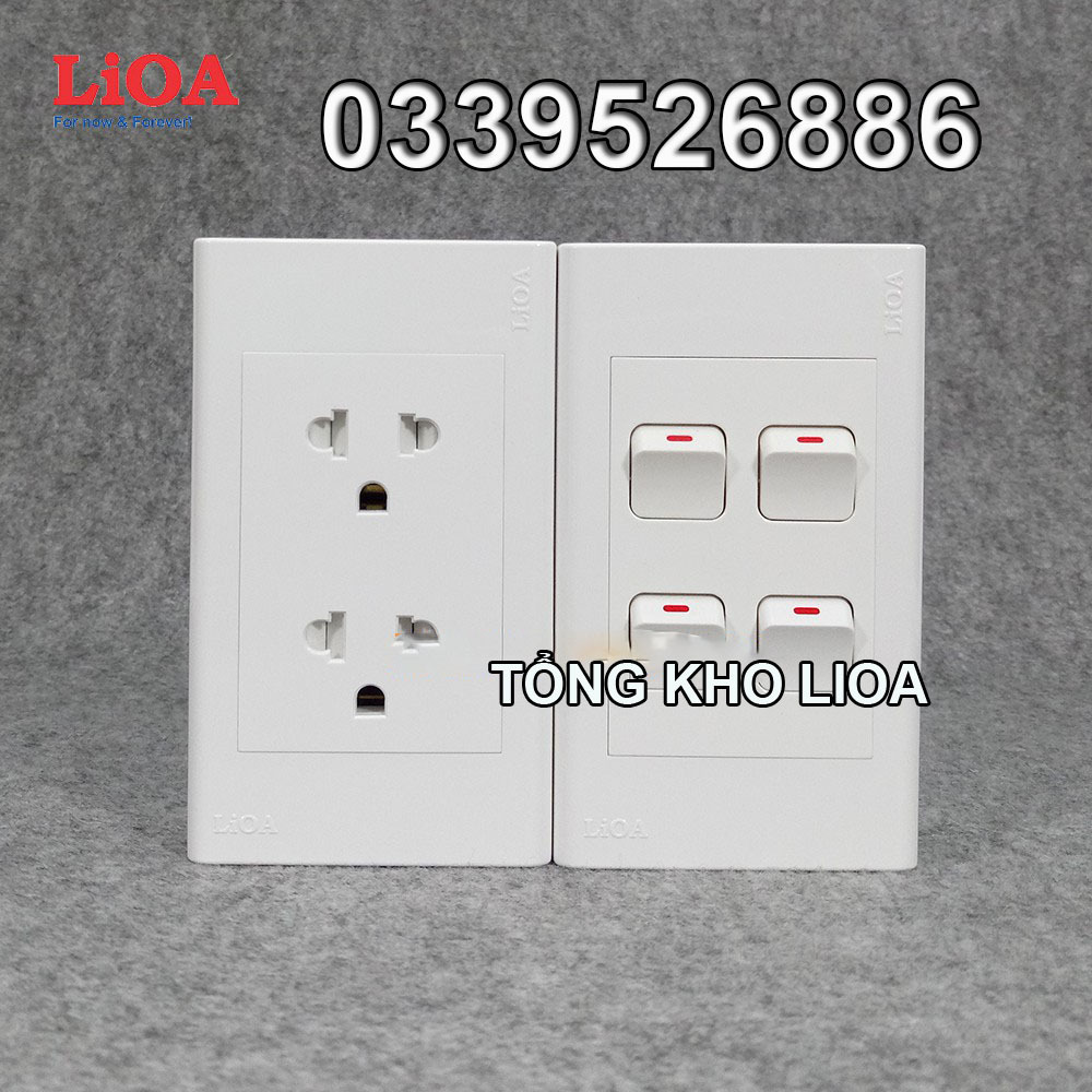 Combo ổ cắm điện đôi 3 chấu LiOA 16A 3520W + 4 công tắc điện - Lắp âm tường