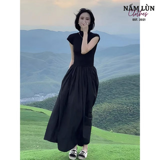 Váy nữ dáng dài Nấm Lùn Clothes Đầm maxi cổ lọ tay ngắn dễ mặc Váy tiểu thư Váy dài Váy đi biển V002