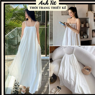 Đầm Maxi Trắng 2 Dây Thắt Bính Suông Dài Trơn Basic Bầu Bí Nhỏ Mặc Được, Váy Maxi Trắng 2s Hai Lớp - Anh Tít Boutique