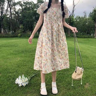 Váy Thô Hoa Nhí Babydoll Cổ Vuông Quảng Châu, Dáng Vintage Loại 1, Trendy