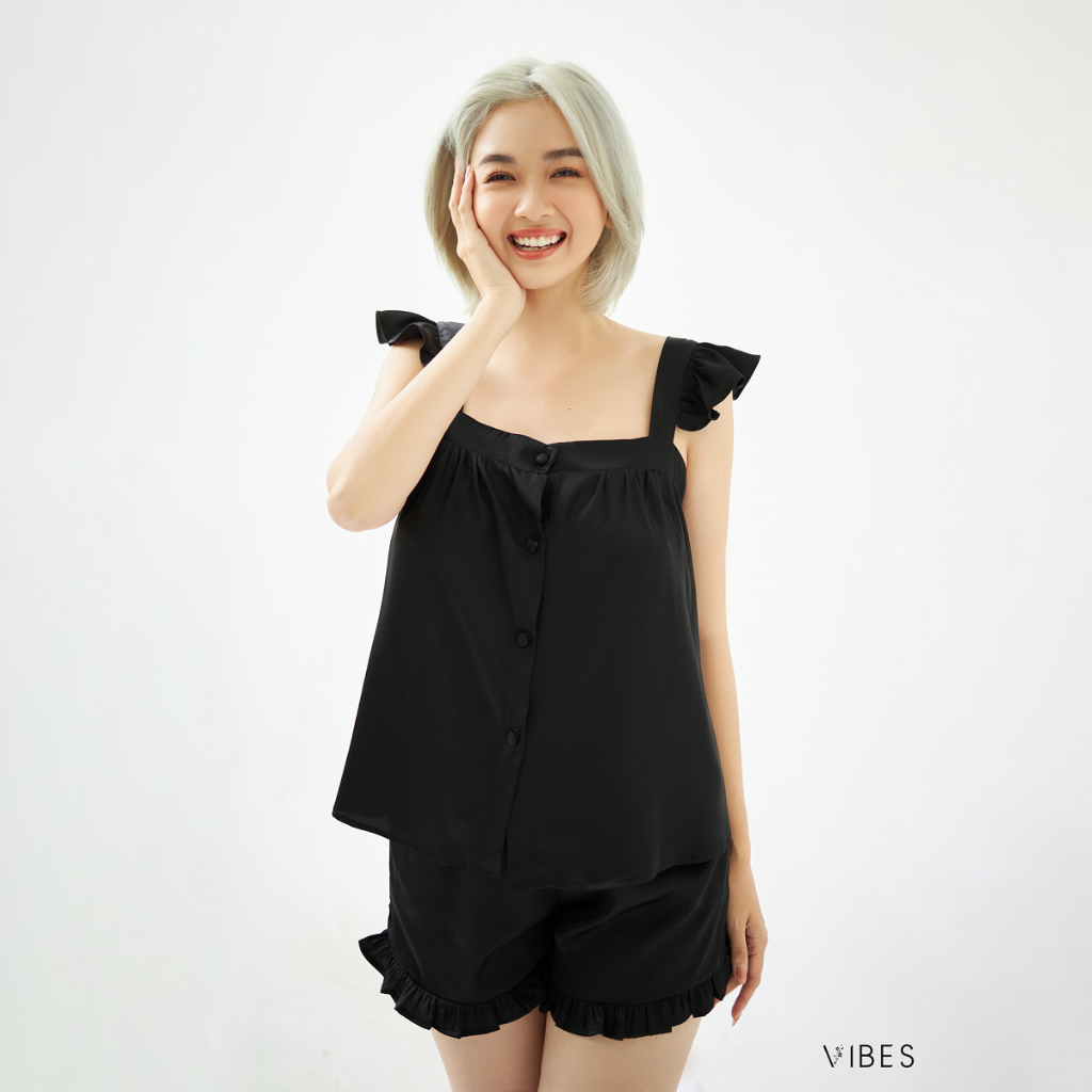 VIBES Đồ bộ 2 dây cánh tiên Lụa trơn cao cấp Ruffle Straps Set