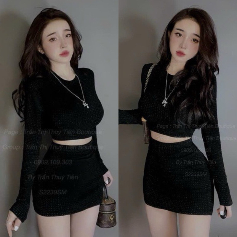 Set Nhung Đá Áo Tay Dài Croptop + Chân Váy A Có Lót Quần