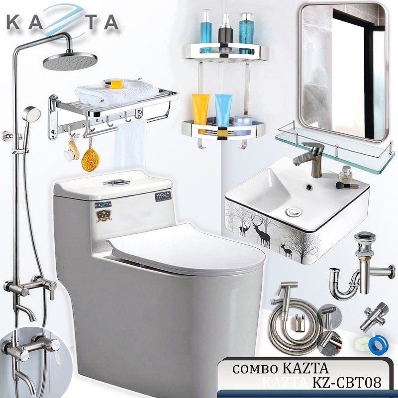Combo Thiết Bị Nhà Tắm Cao Cấp KAZTA KZ-CBT08: Bồn Cầu Liền Khối-Lavabo Hươu Treo Vuông-Sen Tắm Đứng Inox-Gương Và Kệ