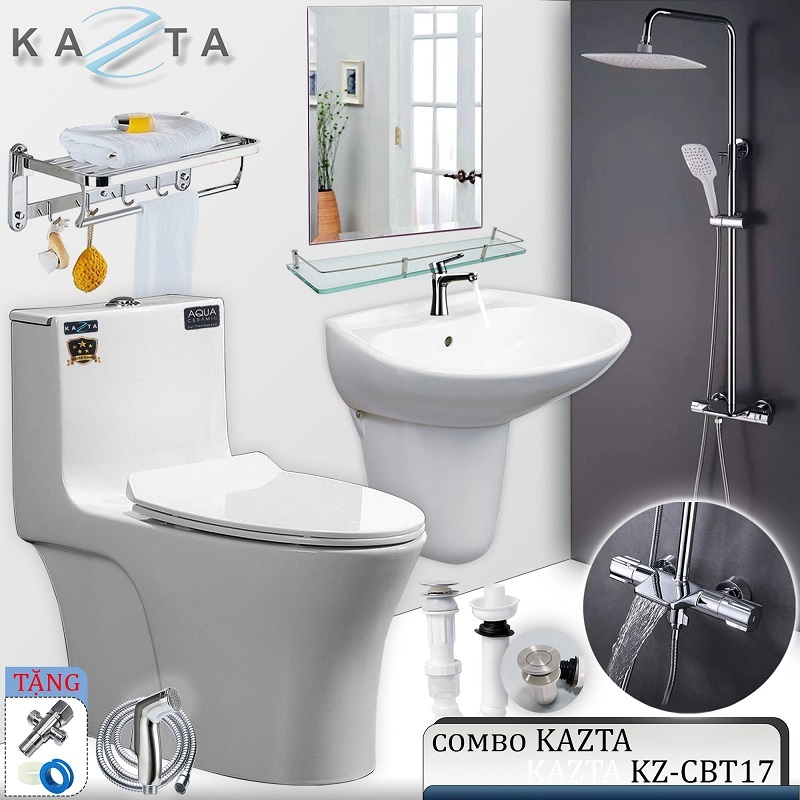 Combo Thiết Bị Nhà Tắm Cao Cấp KAZTA KZ-CBT17: Bồn Cầu 1 Khối-Bộ Lavabo Chân Treo-Sen Tắm Đứng Chỉnh Nhiệt-Gương Và Kệ