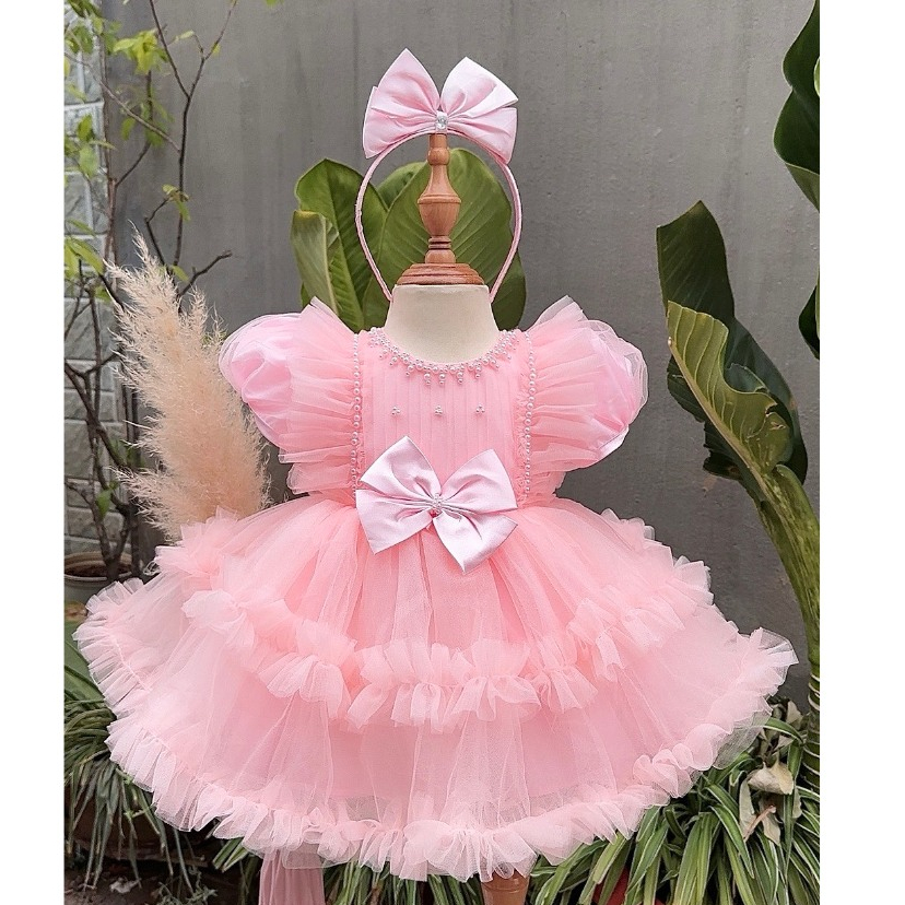 Váy công chúa dài tay cổ ngọc kèm cài 4-14 kg,Váy cho bé gái đầy tháng thôi nôi sinh nhật chất mềm