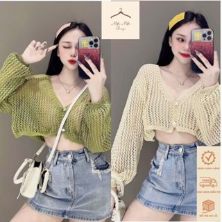 Áo Len Cadigan Dáng Ngắn Dài Tay, Áo Khoác Mỏng Lưới cổ V Phối Áo 2 Dây Phong Cách Qccc Siêu Xinh Matmatshop