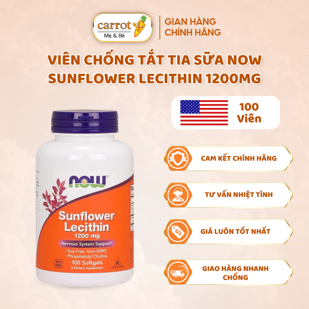 Viên Uống Chống Tắt Tia Sữa Lecithin 1200MG Now Sunflower