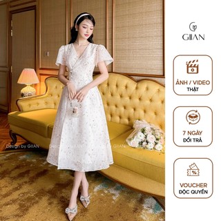 Váy hoa nhí Giian dáng A dài thiết kế cổ V tay ngắn bồng cánh tiên chiết eo đính ngọc thủ công vải tơ xước in - VA0711