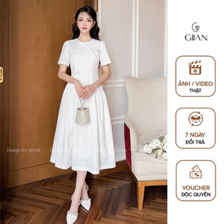 Váy trắng dáng dài Giian thiết kế dáng suông basic cổ tròn trẻ trung phối nơ cách điệu vải chun cao cấp - VA0703