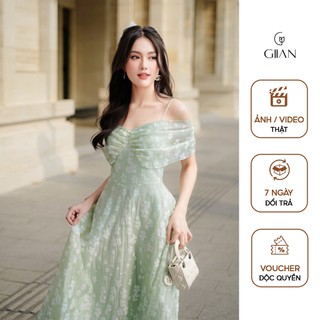 Váy dáng dài trễ vai thiết kế 2 dây cách điệu in họa tiết hoa nổi chính hãng Giian - VA0125