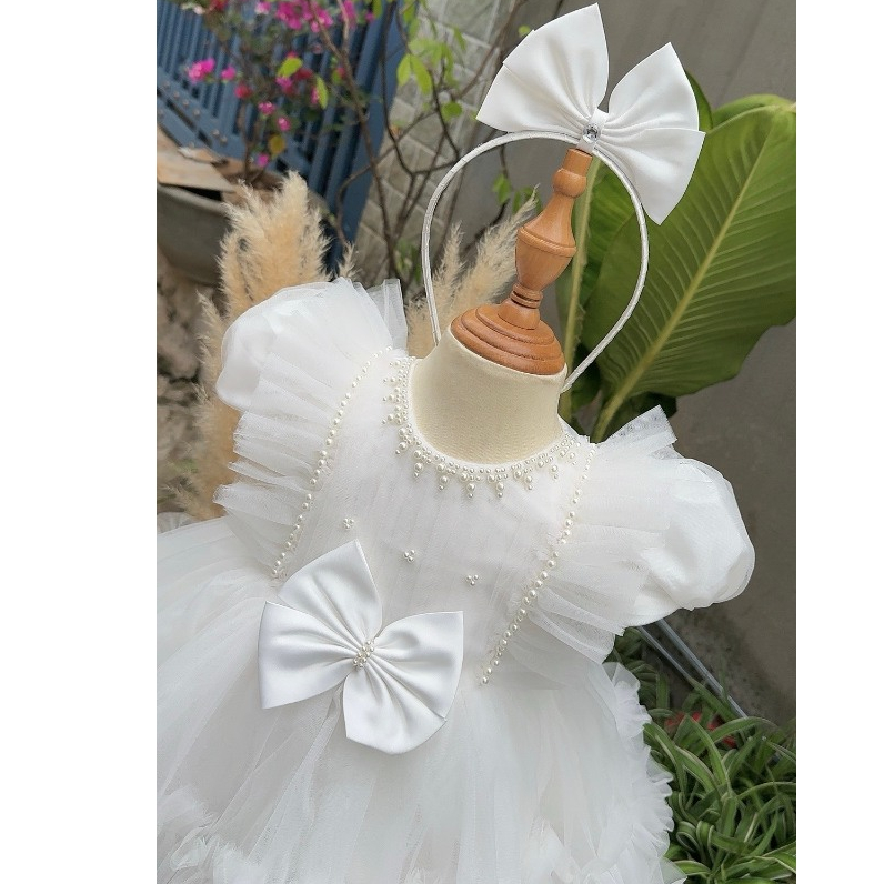 Váy công chúa dài tay cổ ngọc kèm cài 4-14 kg,Váy cho bé gái đầy tháng thôi nôi sinh nhật chất mềm