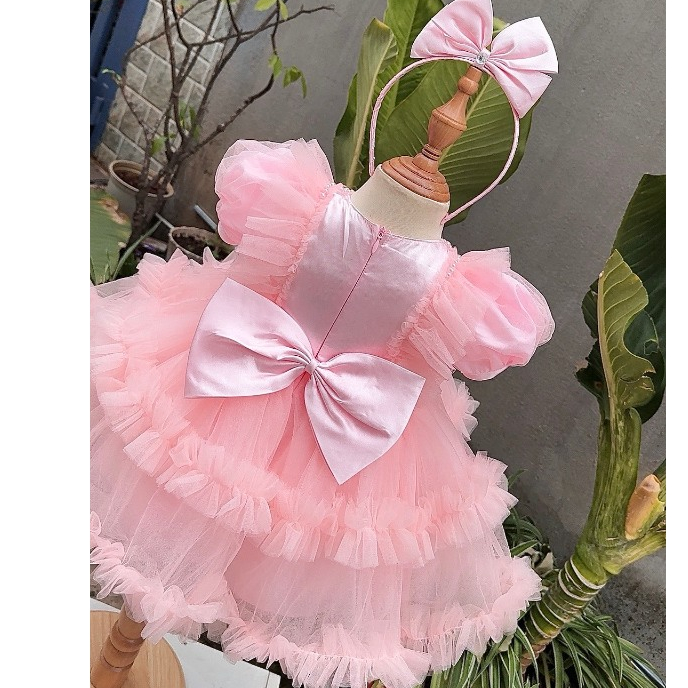 Váy công chúa dài tay cổ ngọc kèm cài 4-14 kg,Váy cho bé gái đầy tháng thôi nôi sinh nhật chất mềm