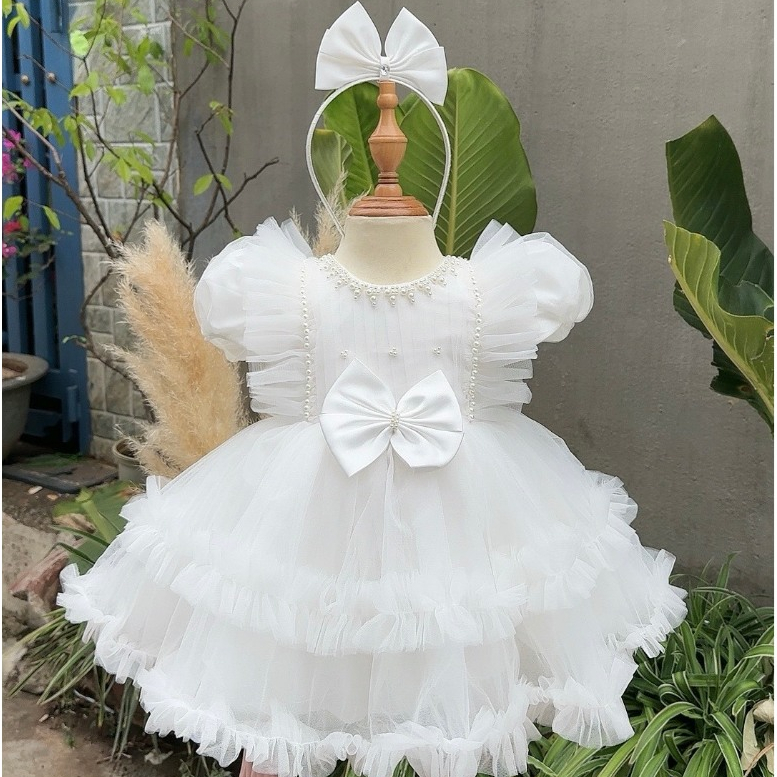 Váy công chúa dài tay cổ ngọc kèm cài 4-14 kg,Váy cho bé gái đầy tháng thôi nôi sinh nhật chất mềm