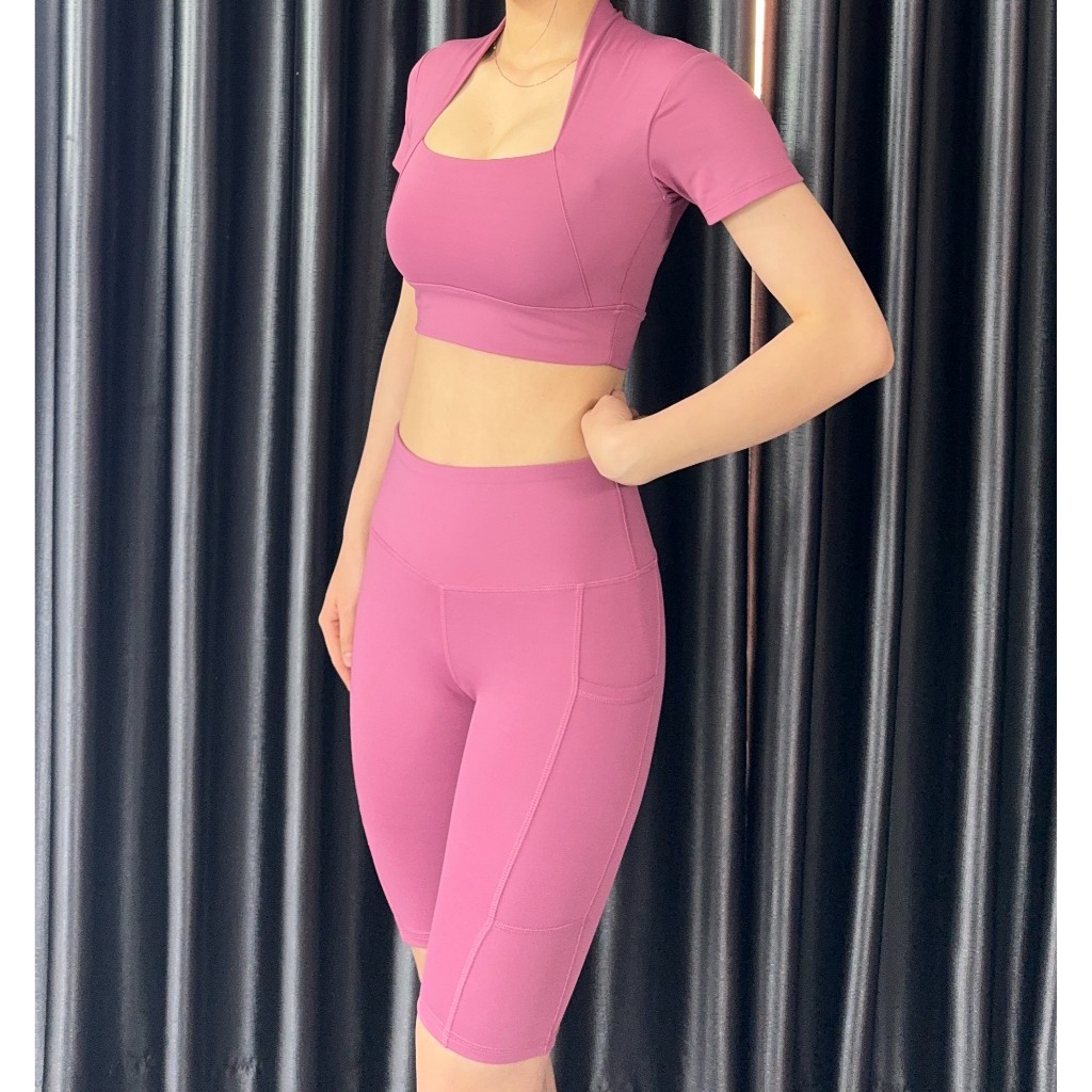 Bộ tập Gym nữ, quần áo tập gym yoga aerobic nữ áo croptop kết hợp quần ngố legging cạp cao có tút- (Ng12)