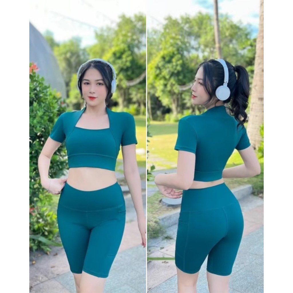 Bộ tập Gym nữ, quần áo tập gym yoga aerobic nữ áo croptop kết hợp quần ngố legging cạp cao có tút- (Ng12)