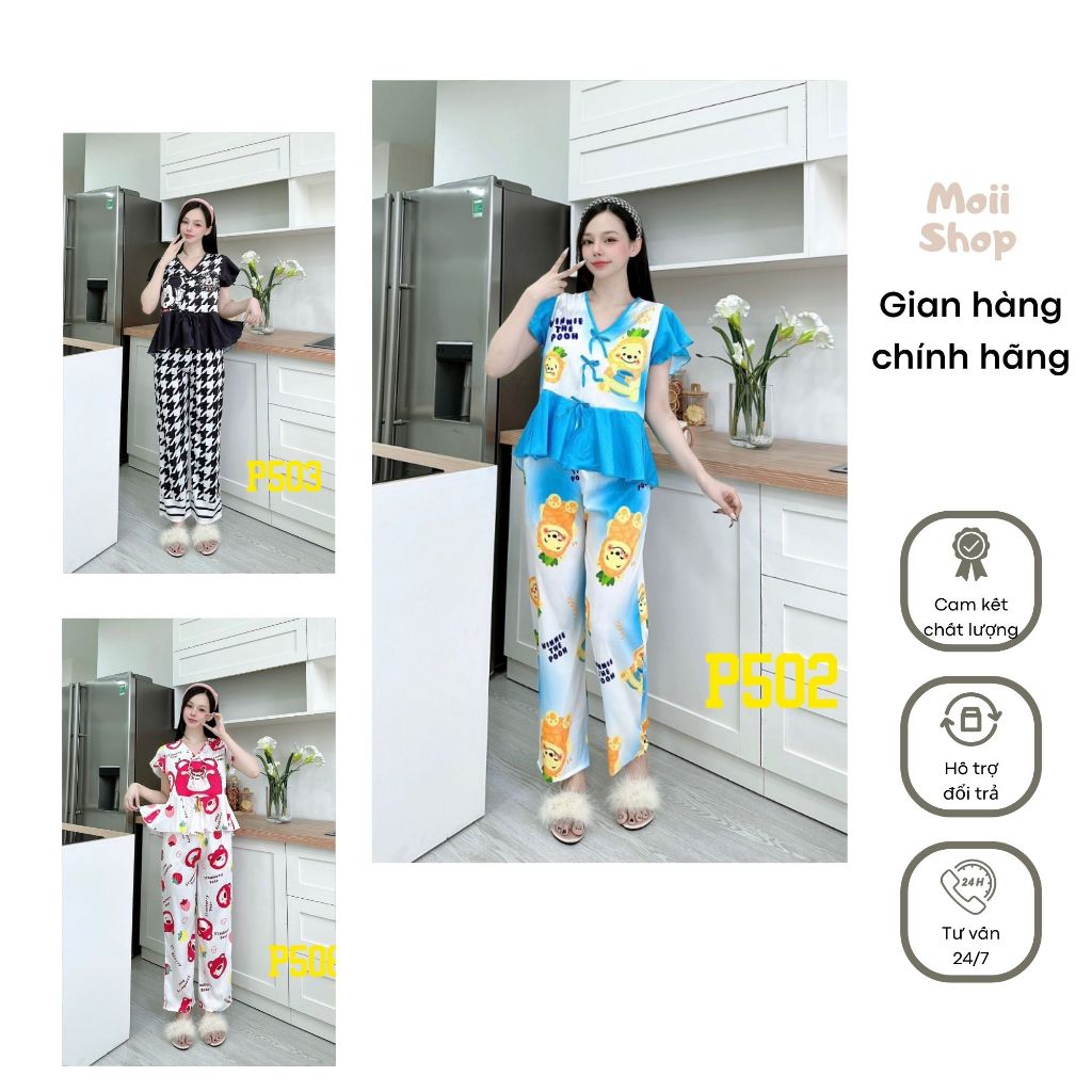 Bộ Pijama cao cấp họa tiết xinh xắn - Set đồ ngủ nữ quần dài tay cánh tiên - Chất liệu lụa xước mát mẻ