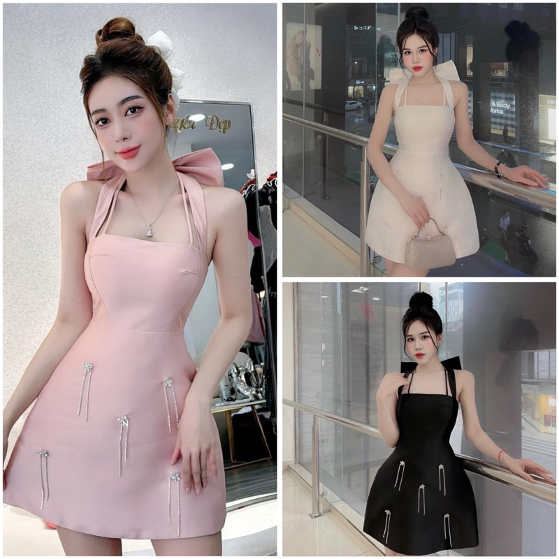 Đầm xoè yếm nơ lưng tùng kết đá