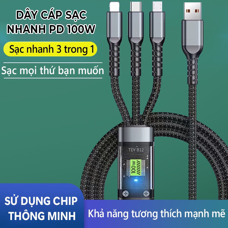 Dây Cáp Sạc Nhanh 3 Đầu 100W Hỗ Trợ Sạc Nhanh 3 Trong 1 Chống Đứt, Chống Rối