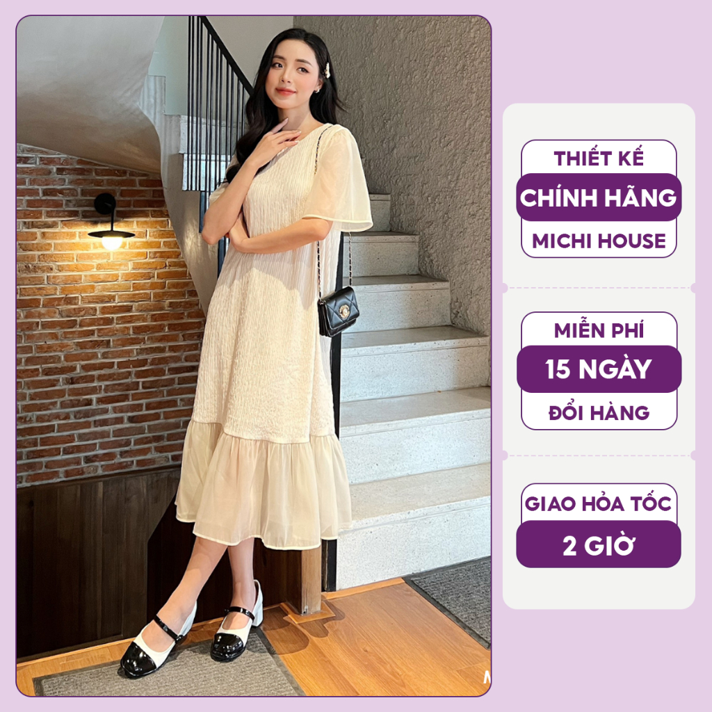 Set Đầm Suông Trắng Kem Maxi Michi House Kèm Bờm Tóc Váy Xuông Đuôi Cá Basic Dáng Dài Qua Gối Freesize Bầu Mặc Xinh V482