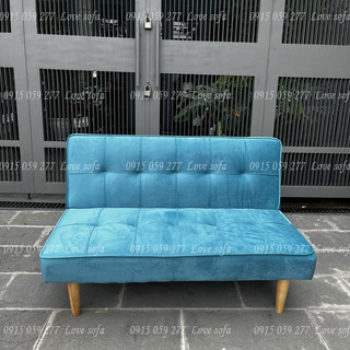 Ghế sofa bed mini dài 1m2 màu nhung xanh lam chân gỗ cho nhà trọ sang trọng hình thực tế