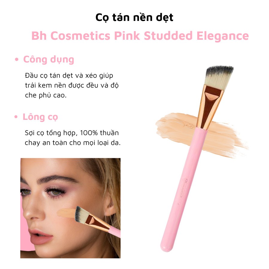 Cọ Đánh Nền BH Cosmetics Pink Studded Elegance Đánh Lót, Cọ Đánh Nền Phẳng Kết Cấu Chặt Thao Tác Dễ 
