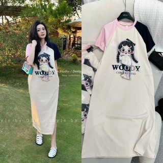 Đầm suông cotton, váy xuông dáng dài phối tay hồng in cô gái tết tóc form rộng thời trang màu be