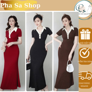 Đầm body nữ cổ sơ mi đuôi cá dáng dài chất gân tăm co giãn tôn dáng