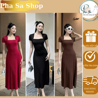 Đầm body nữ cổ vuông dáng xoè chất tăm lạnh ôm dáng