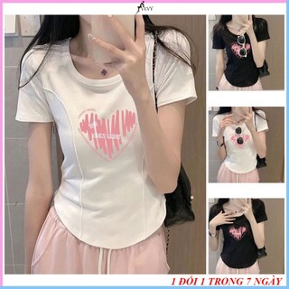 Áo thun nữ vạt bầu tay ngắn cổ tròn xiết eo tôn dáng, Áo phông nữ thun gân thấm hút mồ hôi hình in sắc nét AT54