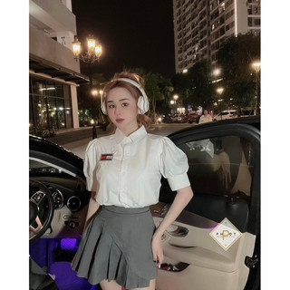 Áo sơ mi nữ ngắn tay bồng logo tm đỏ trắng - áo sơ mi nữ tay bồng thêu logo