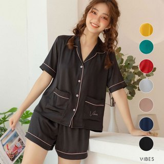 VIBES Đồ bộ Pijama ngắn Lụa trơn cao cấp Silk Py Set