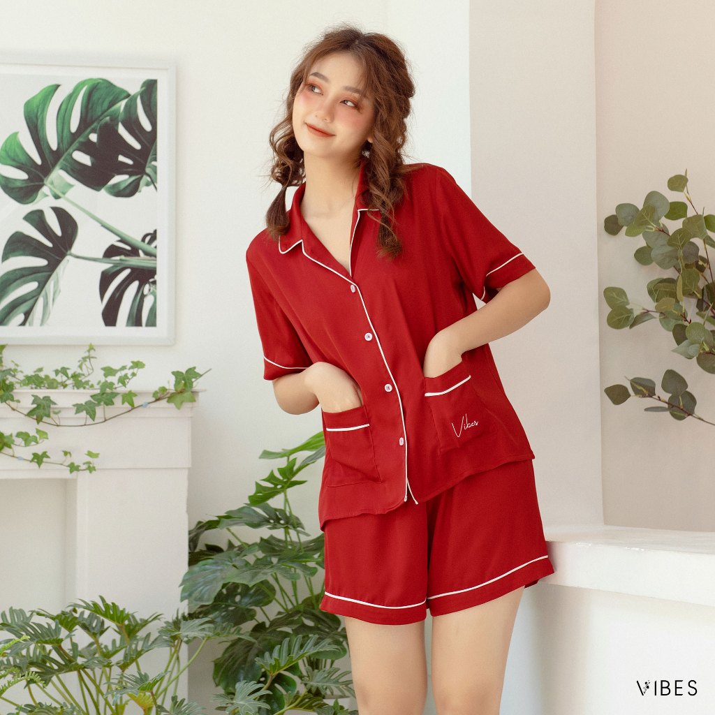 VIBES Đồ bộ Pijama ngắn Lụa trơn cao cấp Silk Py Set