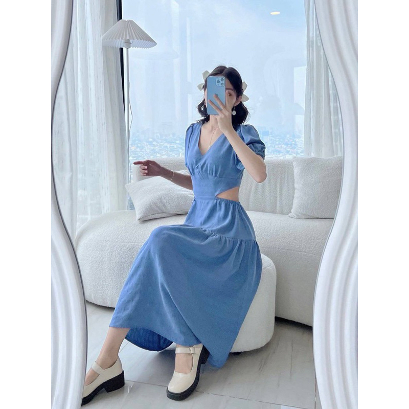 Đầm HD cổ V cột lưng khoét eo