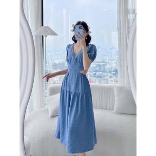 Đầm HD cổ V cột lưng khoét eo
