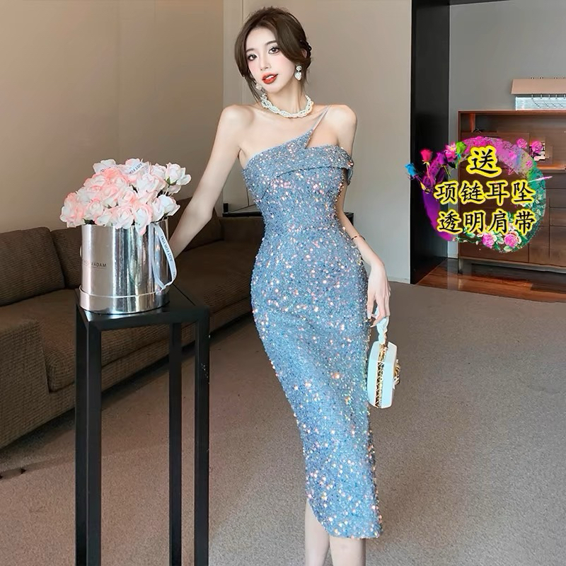 Đầm body kim sa tôn dáng TRIPBLE T DRESS chéo vai dễ thương - Free size