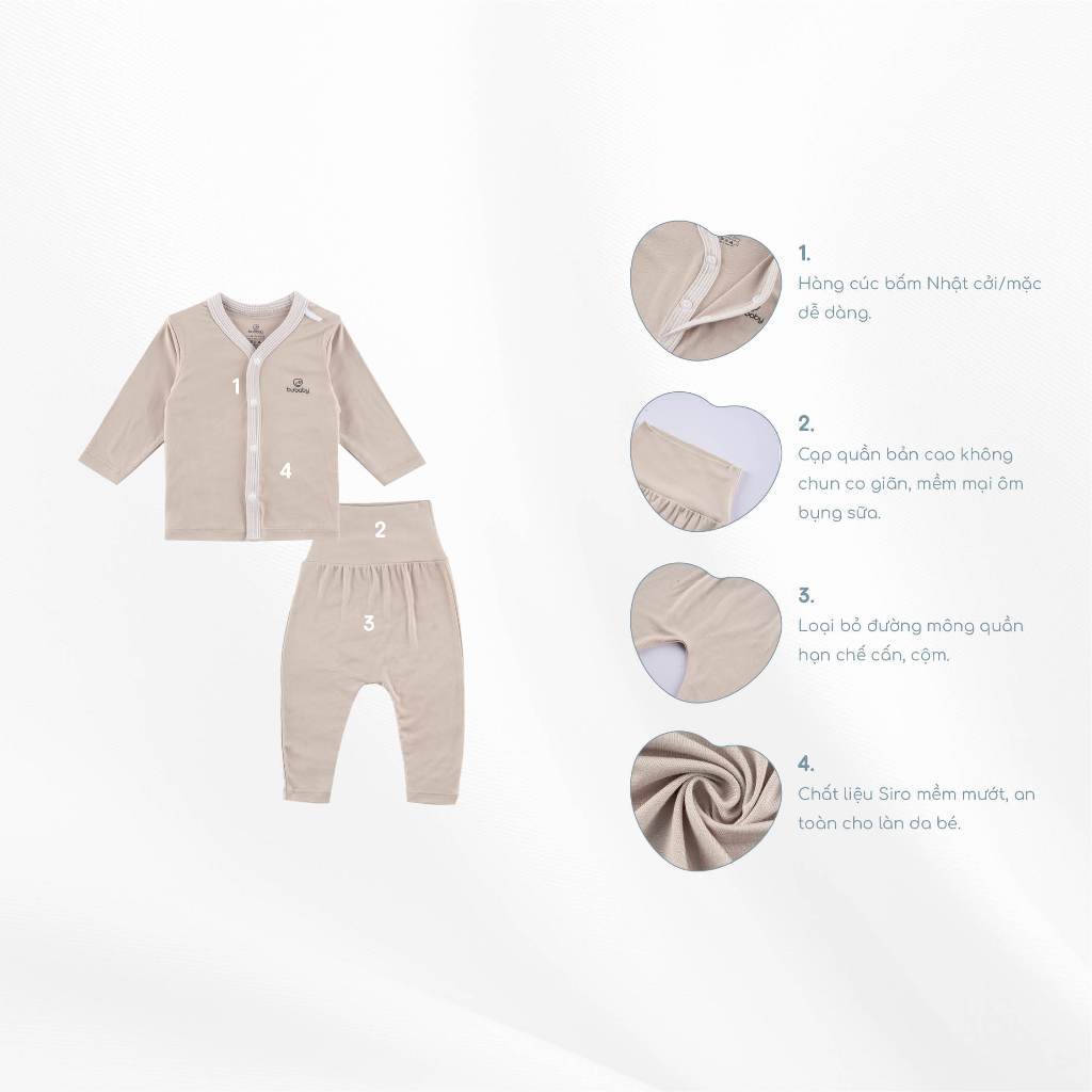 Bộ dài tay cài giữa cho bé sơ sinh từ 1 đến 9 tháng chất vải thoải mái, co giãn  - Siro BSR110202 | Quần áo BU Baby