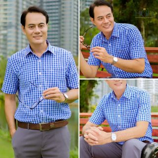 Áo Sơ Mi Trung Niên Nam Ngắn Tay Dáng Suông Vạt Ngang HGH FASHION Họa Tiết Kẻ Caro Màu Xanh Vải Cotton Cao Cấp